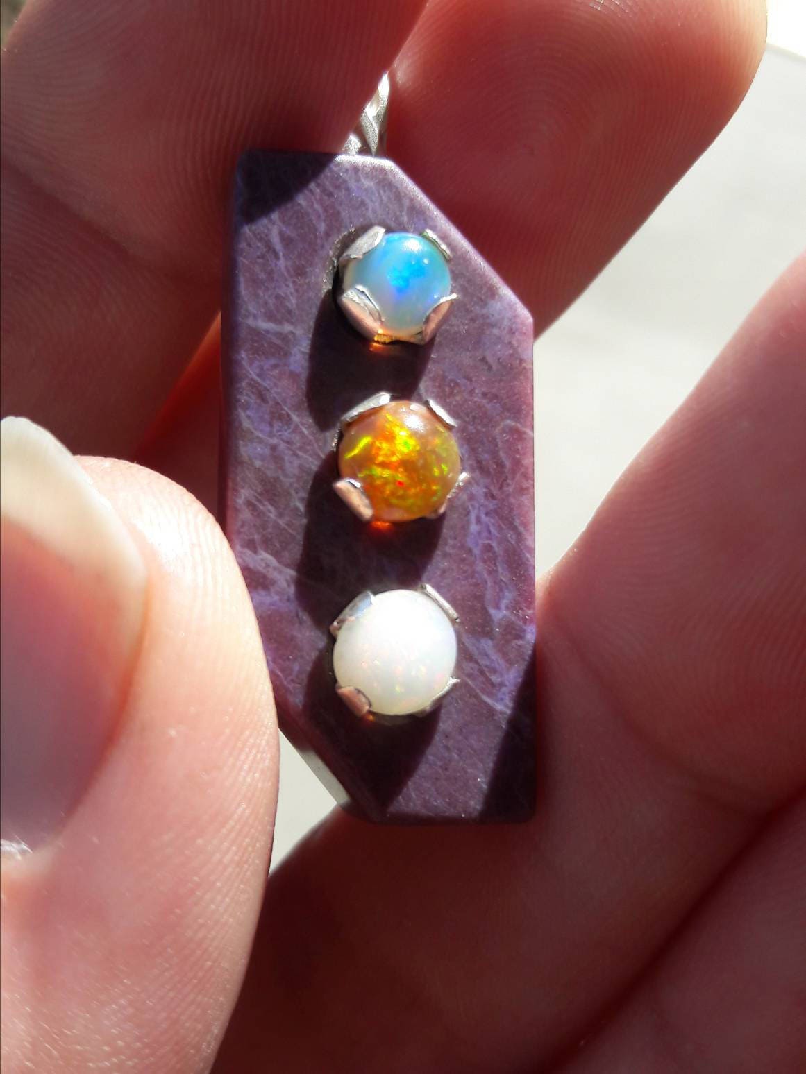 Handmade sterling silver pendant necklace with purple jade and welo opal