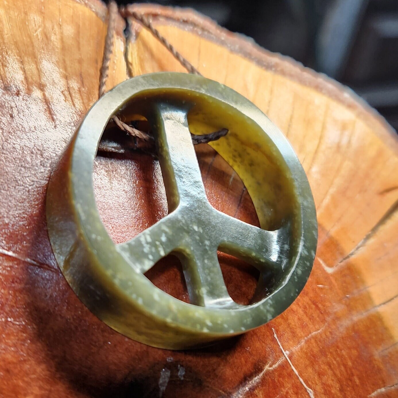 Wyoming black olive nephrite jade hand carved peace sign adjustable pendant