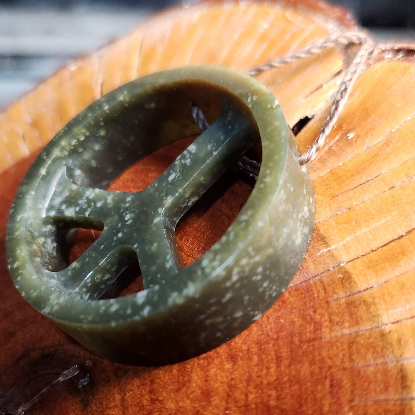 Wyoming black olive nephrite jade hand carved peace sign adjustable pendant