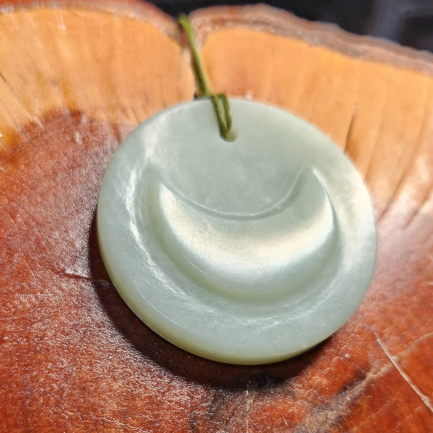 Siberian jade hand carved crescent moon talisman adjustable pendant