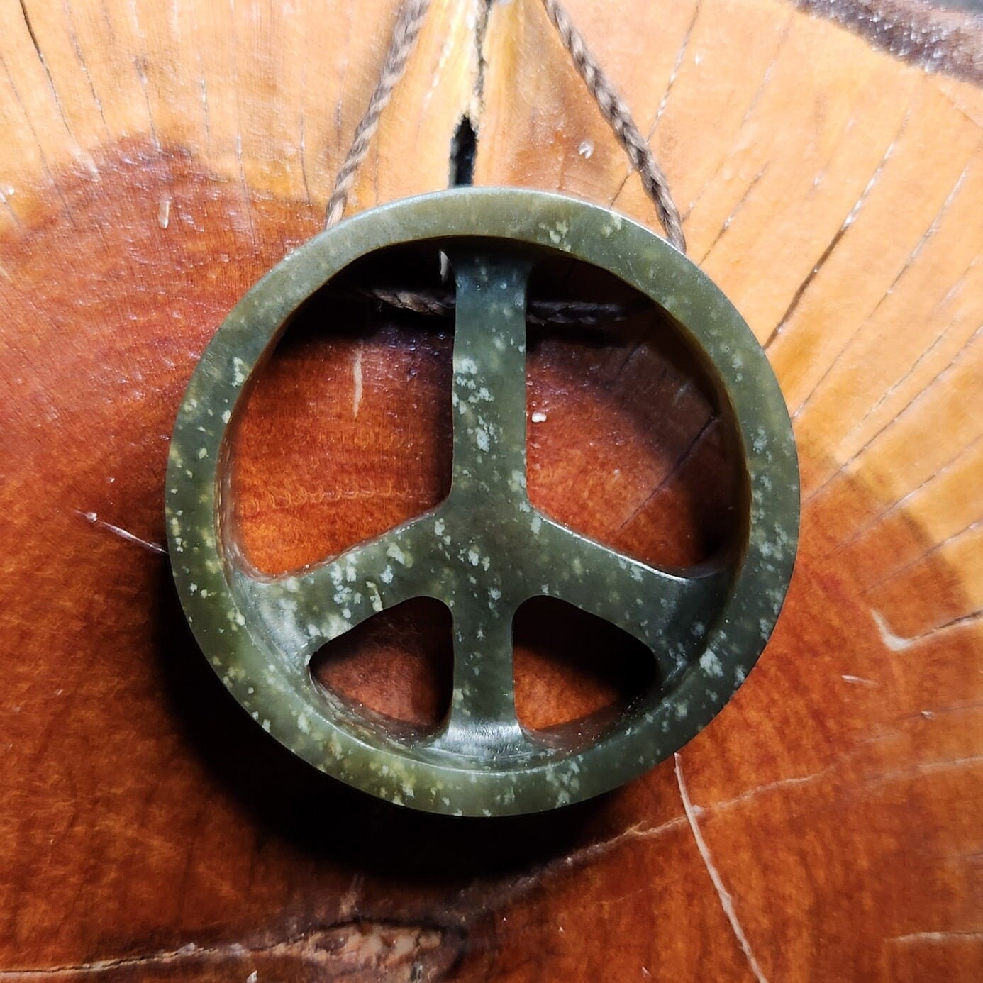 Wyoming black olive nephrite jade hand carved peace sign adjustable pendant
