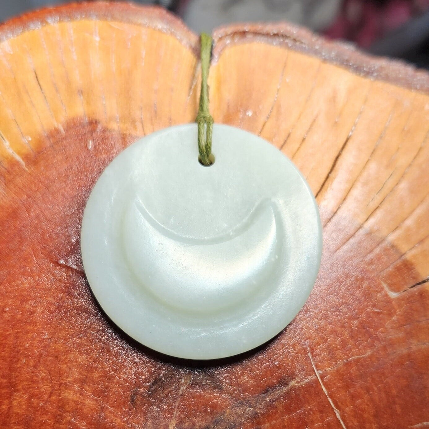 Siberian jade hand carved crescent moon talisman adjustable pendant