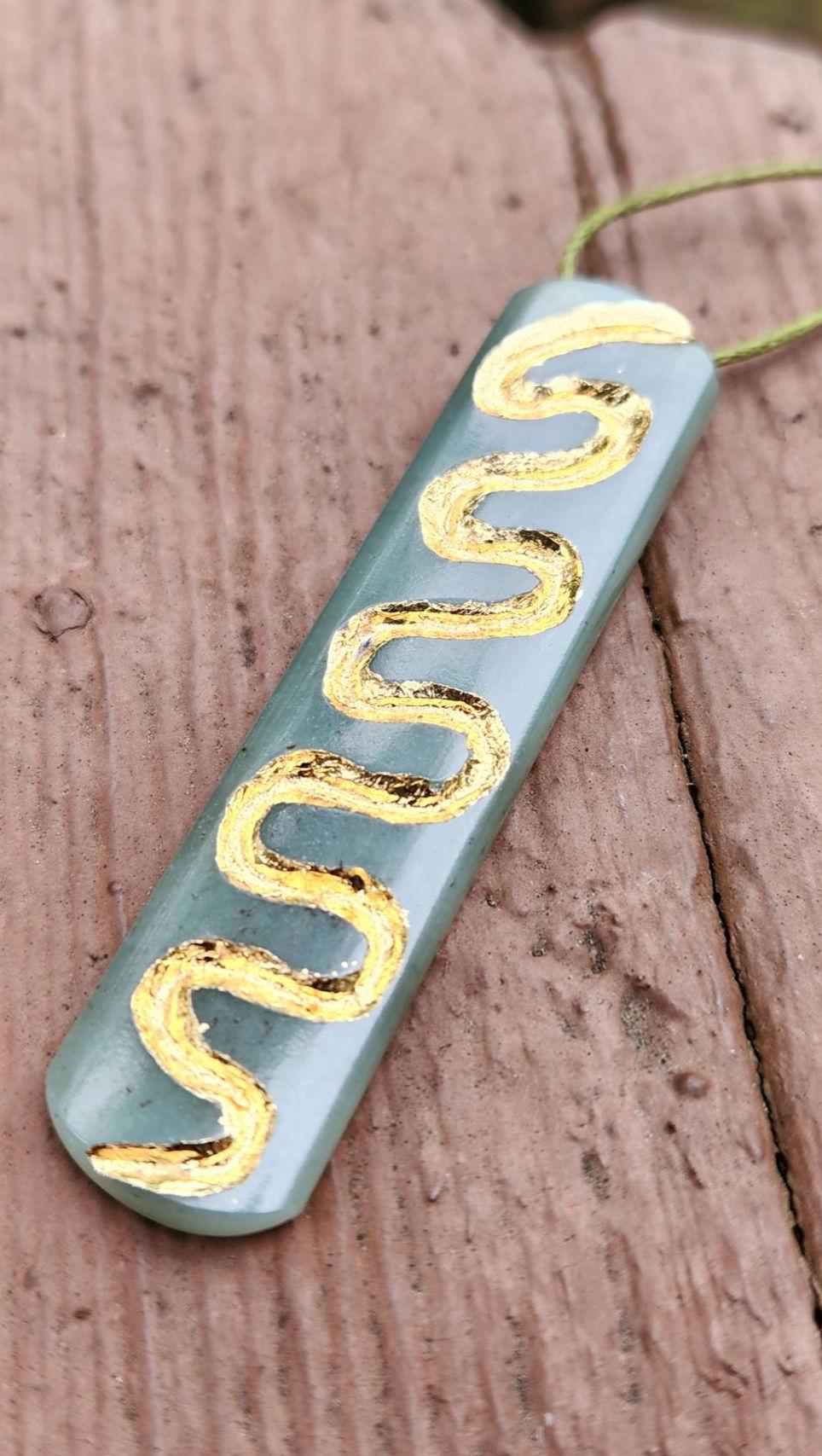 Siberian blue nephrite jade gold inlaid pendant necklace