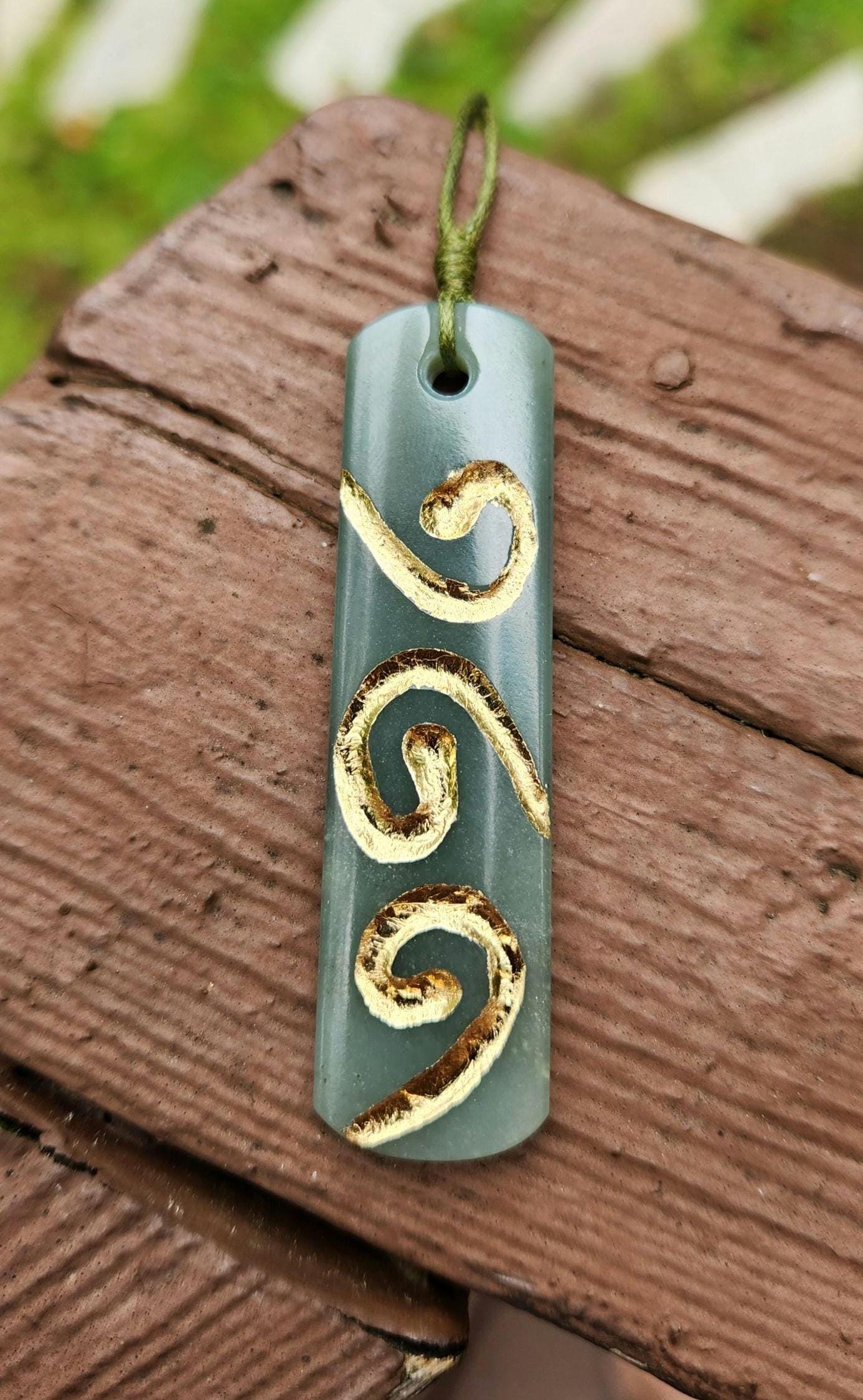 Siberian blue nephrite jade gold inlaid pendant necklace