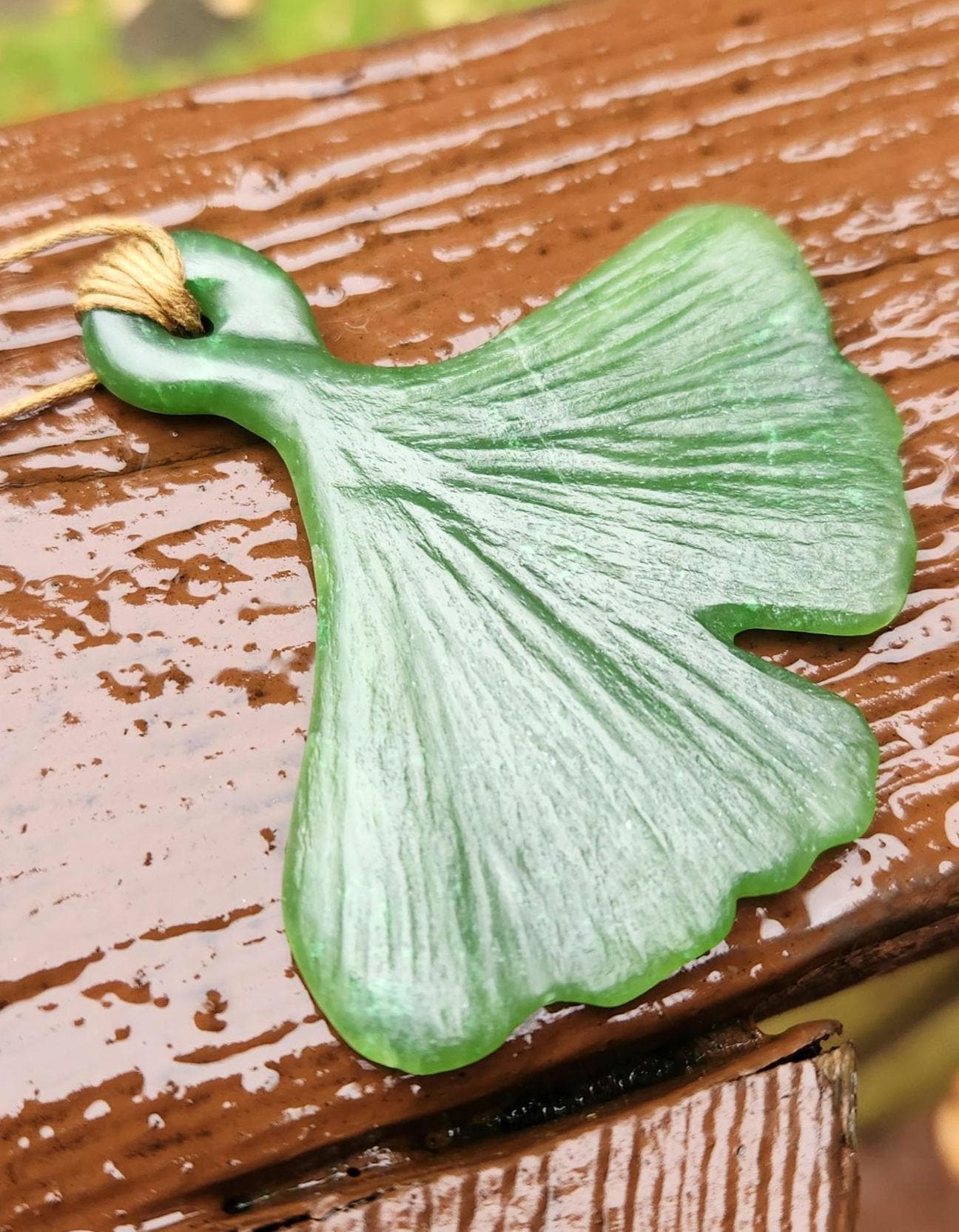 BC nephrite jade ginko biloba leaf carving pendant necklace on adjustable cotton cord artisan hand carved wearable fine art