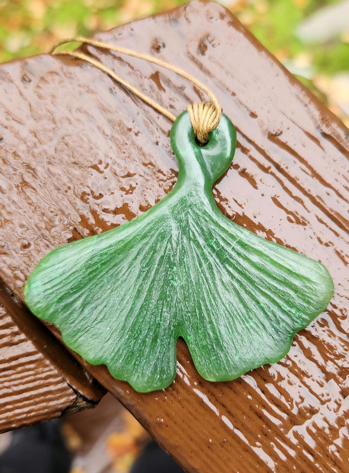 BC nephrite jade ginko biloba leaf carving pendant necklace on adjustable cotton cord artisan hand carved wearable fine art