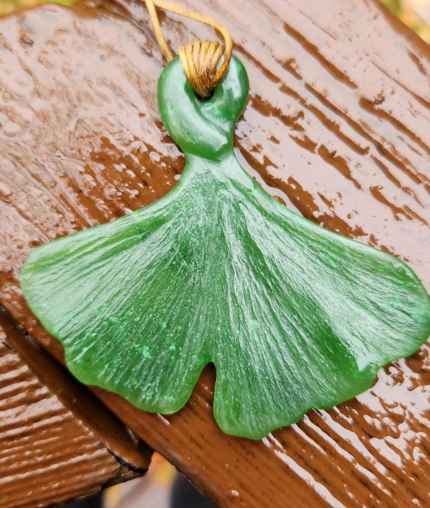 BC nephrite jade ginko biloba leaf carving pendant necklace on adjustable cotton cord artisan hand carved wearable fine art