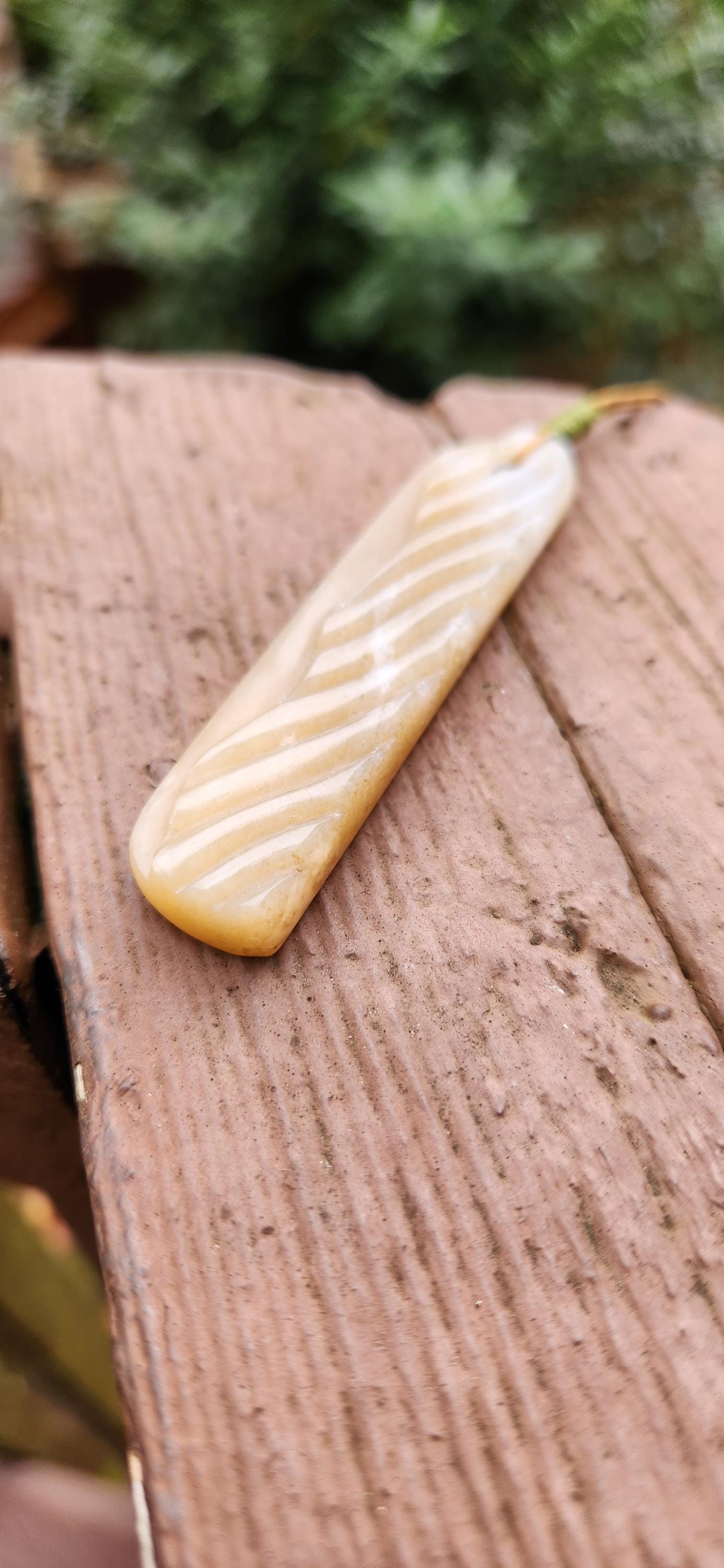 Siberian honey nephrite jade wavy ridge tablet style pendant necklace