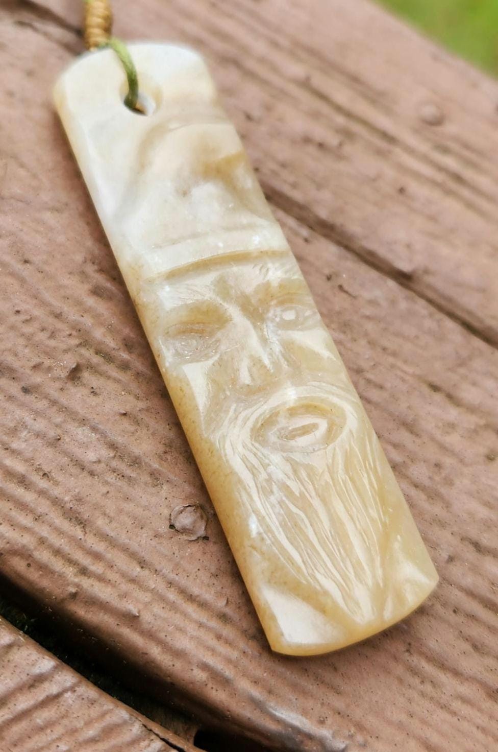 Siberian honey nephrite jade wizard gnome face tablet style pendant necklace