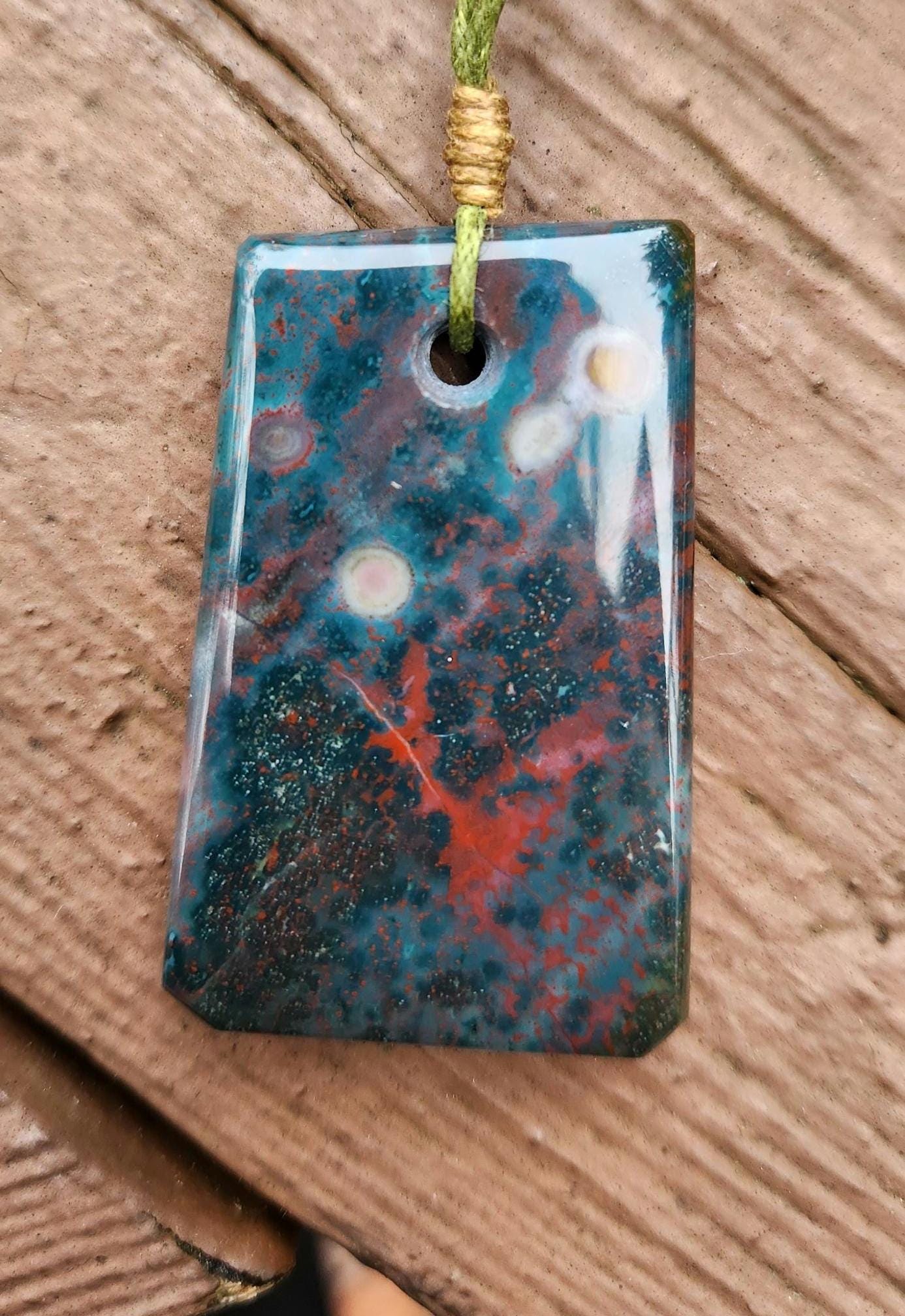 Orbicular bloodstone hand carved pendant necklace march birthstone jewelry