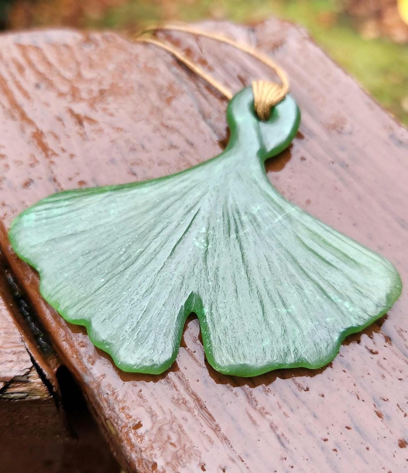 BC nephrite jade ginko biloba leaf carving pendant necklace on adjustable cotton cord artisan hand carved wearable fine art