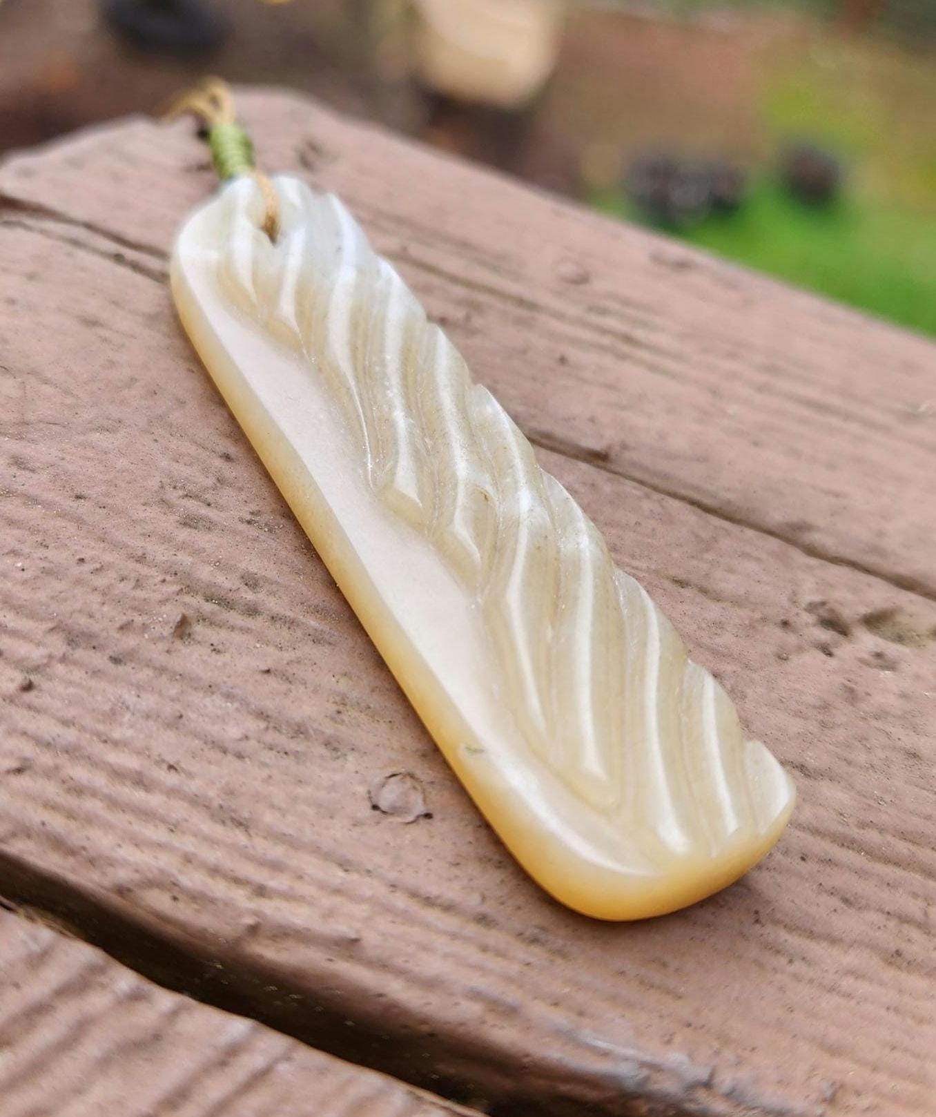 Siberian honey nephrite jade wavy ridge tablet style pendant necklace