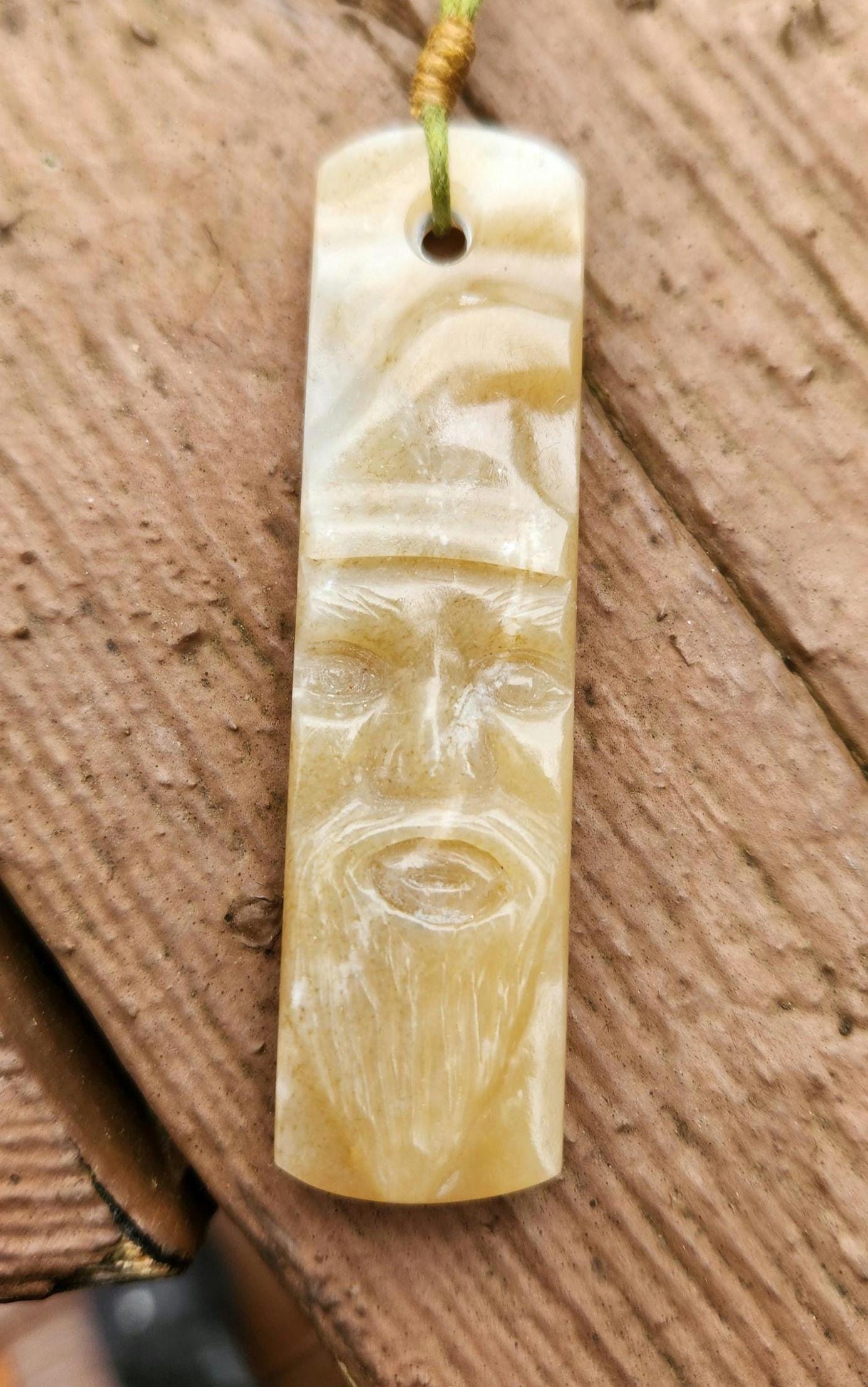 Siberian honey nephrite jade wizard gnome face tablet style pendant necklace