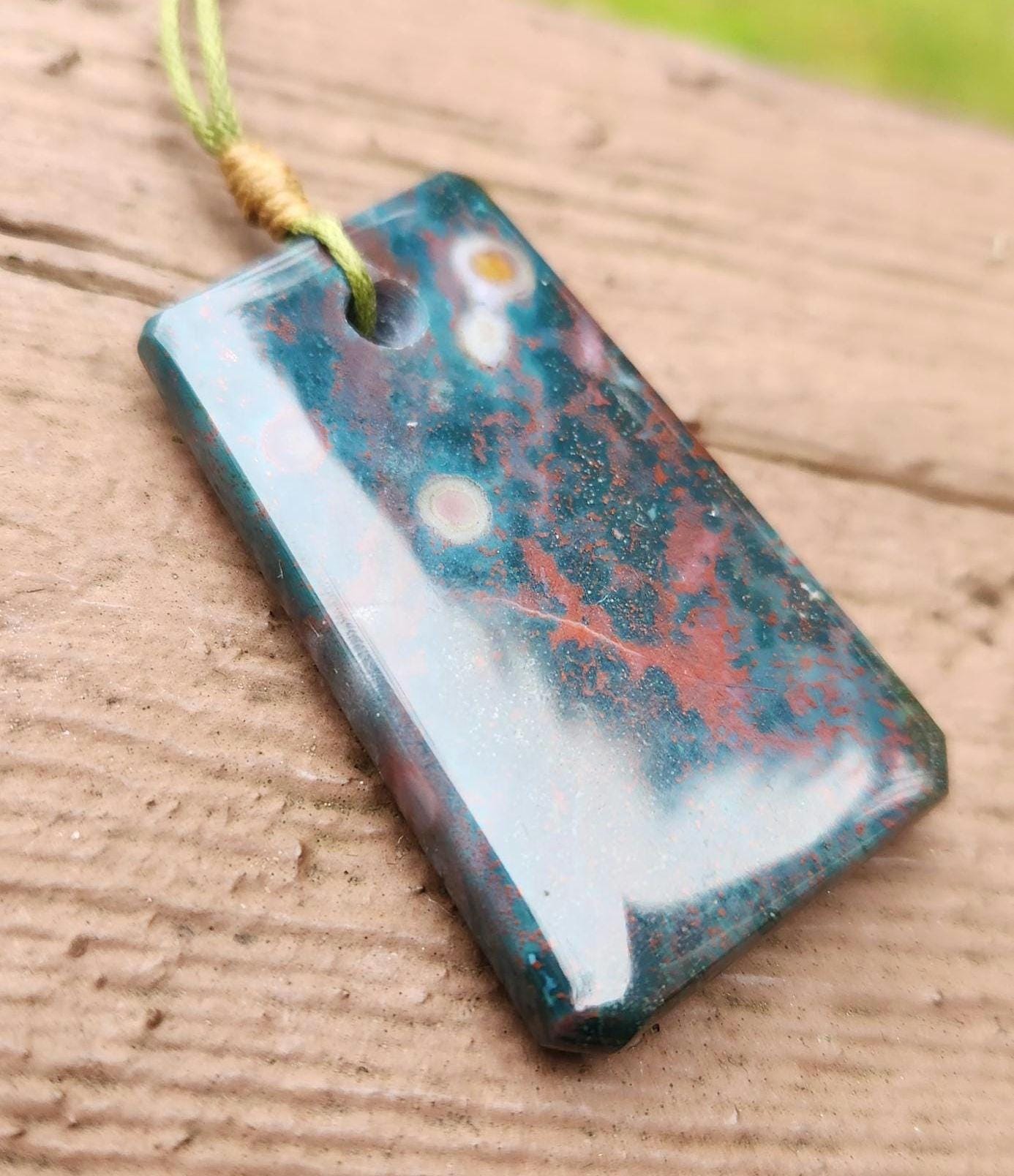 Orbicular bloodstone hand carved pendant necklace march birthstone jewelry